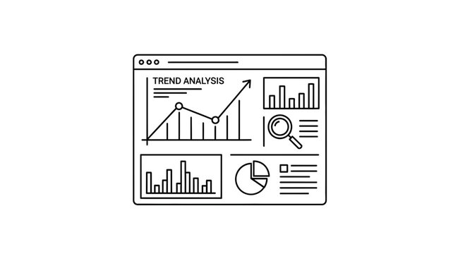 Business Trend Analysis Dashboard with Charts, Graphs, and Magnifying Glass Icon
