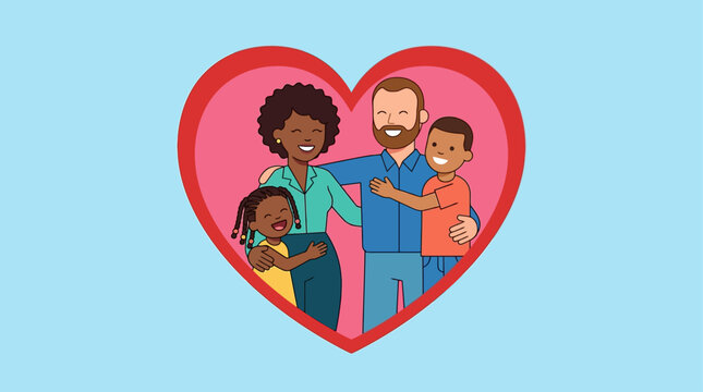 This flat design vector illustration beautifully captures a diverse family, including parents and children, warmly embraced within a heart shape, symbolizing unconditional love and unity. 