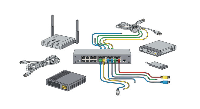 A central network switch connects to multiple peripheral devices and loose ethernet cables arranged neatly on a pristine white surface for technical display.
