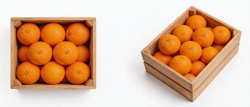 Caixotes de madeira com laranjas maduras e frescas isoladas no fundo branco