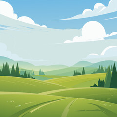 Obraz premium Scenic Green Hills And Clouds Cartoon Landscape