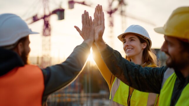 Diverse workers in safety gear high fiving, symbolizing teamwork, achievement, and collaboration on a building site