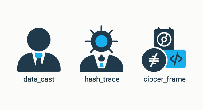 Icons for data seat, hash trace, and cipher frame representing data management, security, and coding concepts