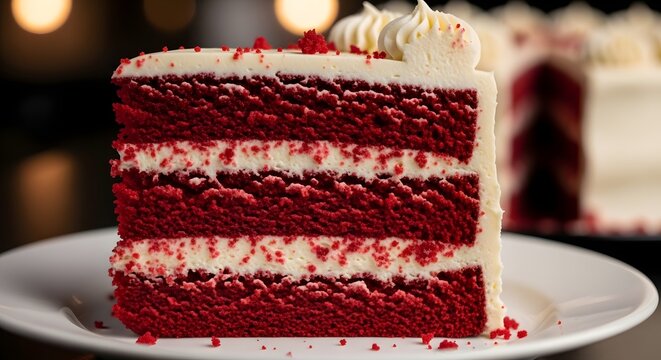 Exquisite Slice of Red Velvet Cake Featuring Perfectly Layered Red Sponge and Smooth Cream Cheese Frosting, a Tempting Culinary Delight and Sweet Indulgence