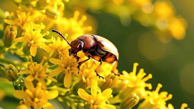 Soldier beetle resting on a yellow goldenrod flower. Close-up macro shot of an insect slowly moving its antennae and legs in natural sunlight. Nature and wildlife concept