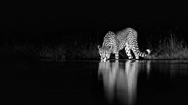 A striking black and white photograph depicting a cheetah prowling by a reflective body of water