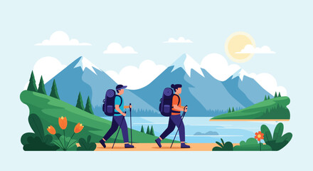 Fototapeta premium Two hikers with backpacks trekking along a scenic mountain trail with a beautiful lake and sunny sky in the background.