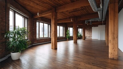 Fototapeta premium Spacious industrial loft interior featuring large exposed wooden beams and natural daylight
