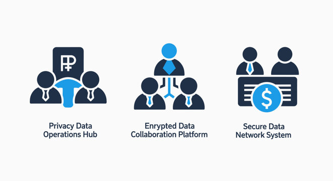 Cybersecurity and collaborative data protection icons illustrating a privacy operations hub encrypted collaboration platform and secure financial data network