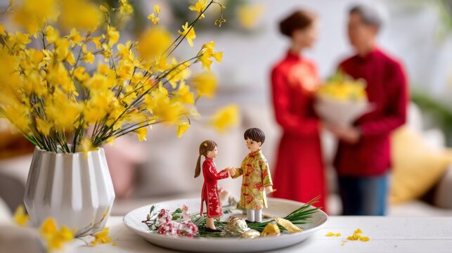 Figurines representing a couple celebrating tt or lunar new year with yellow flowers and blurry family in the background
