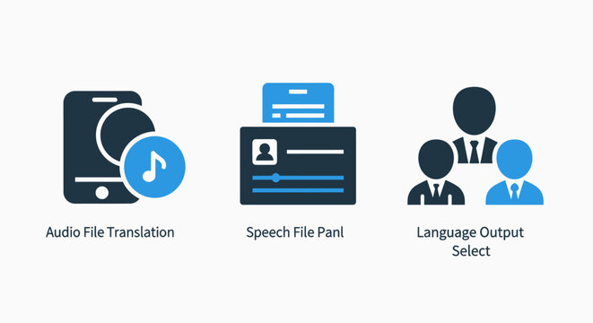 Language translation technology and speech recognition system icons including audio file parser and multilingual output selection tools