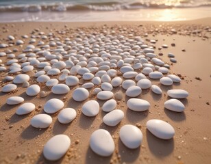 Obraz premium Smooth white pebbles on a sandy beach at sunset , stone textures, natural beauty, beach pebbles