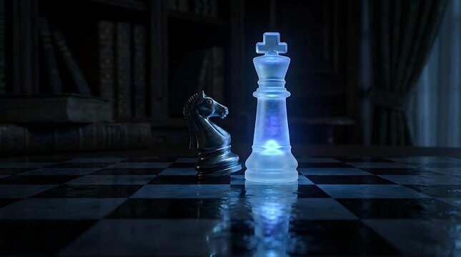 Glowing chess king and knight on board strategy planning leadership and competition concept