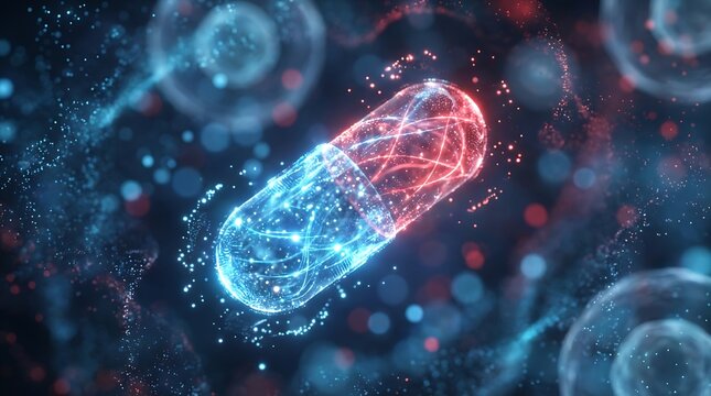 Futuristic medical capsule with glowing particles and bacteria cells science healthcare technology concept