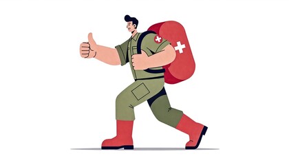 Fototapeta premium Male paramedic in green uniform with large red first aid backpack showing thumbs up gesture for emergency assistance and medical support