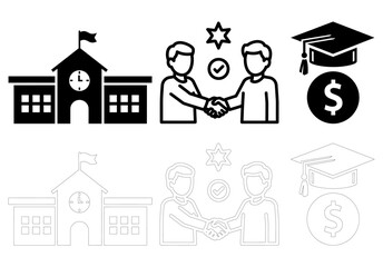 Fototapeta premium A collection of black and white icons representing school education and business partnership themes