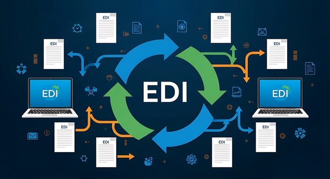 Electronic data interchange EDI concept flows between two laptops and many documents