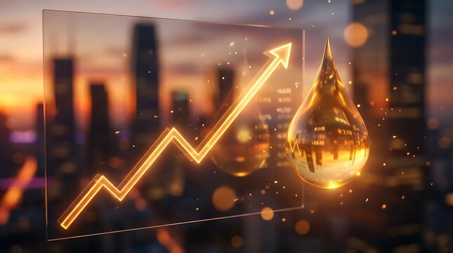 Digital financial growth chart with rising arrow and glowing light bulb over city background business success concept