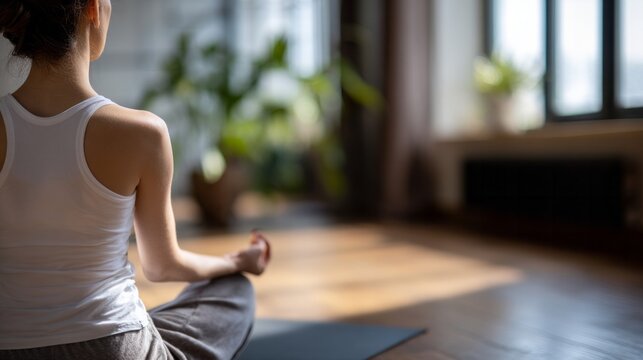 Woman focusing on inner peace during yoga session on a mat, finding balance and mental clarity in morning light