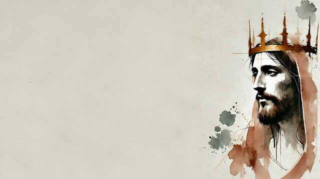 Christ the King portrait with royal crown, minimalist watercolor illustration