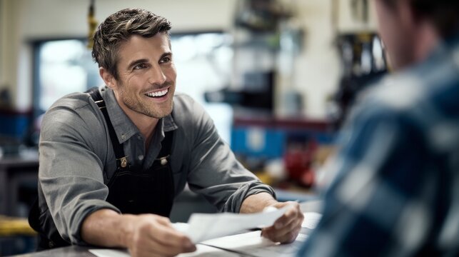 Professional mechanic smiling while holding papers and discussing work with customer in a busy workshop setting