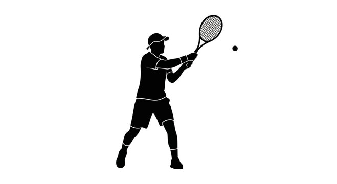 Silhouette of a male tennis player hitting a forehand shot.