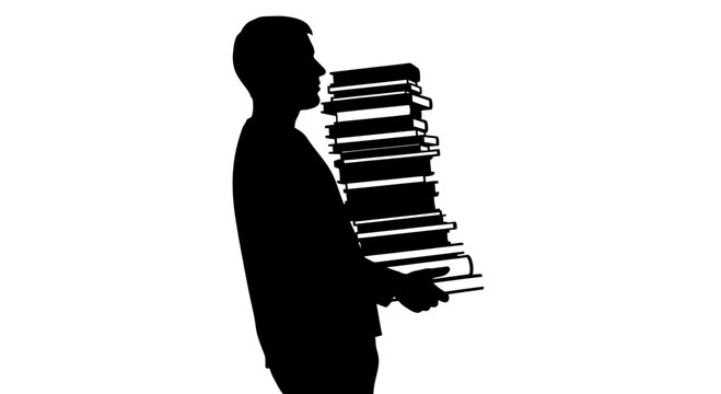 Silhouette of a person carrying a tall stack of books.