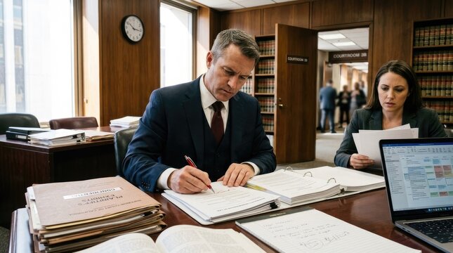 A serious lawyer and his legal assistant are intently reviewing legal documents at a large wooden desk.