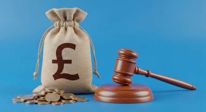 British pound sterling money bag with judge gavel, legal financial concept with pound currency symbol, wooden mallet and coins on blue background