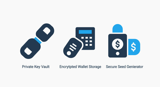 Private key vault, crypto wallet storage, and secure seed generator icons