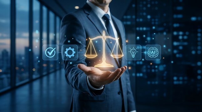 Businessman holding digital justice scale icon representing legal technology compliance and corporate law concept