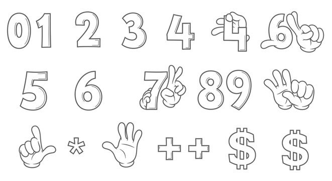 Outline Numbers 0 to 9 and Hand Gesture Icons Set on Isolated White Background