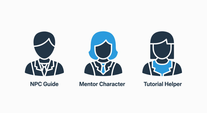 Game character icons: npc guide, mentor, and tutorial helper avatars