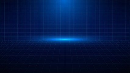 High-tech dark blue floor grid pattern with a luminous central spotlight in empty space. Versatile background for technological product display or digital concepts. © UniQ Stock