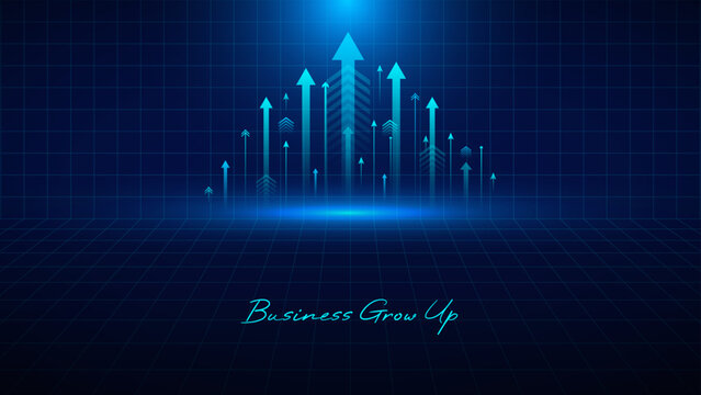 Financial progress illustration with glowing blue arrows rising from dark perspective grid background. Professional corporate success concept for marketing designs.