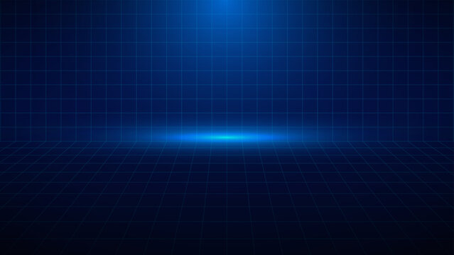 High-tech dark blue floor grid pattern with a luminous central spotlight in empty space. Versatile background for technological product display or digital concepts.