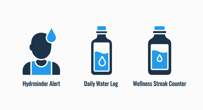 Hydration and wellness tracking icons: dehydration alert, daily water log, and wellness streak counter