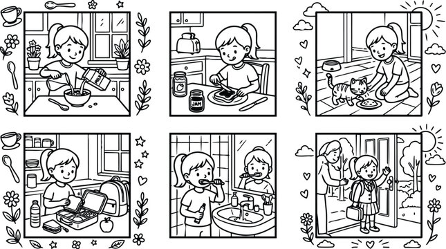 Black and white line art vector showing girl pouring milk mixing cereal spreading jam on bread feeding cat brushing teeth and leaving home with mother in morning routine scenes