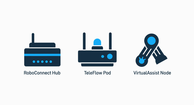 Network hardware and virtualization technology icons featuring a central command hub, flow pad, and mechanical virtualization node in blue and black vector style