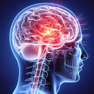 Meningitis medical illustration showing inflammation of the meninges, viral and bacterial infection, brain and spinal cord membrane disease, severe headache, fever, neck stiffness symptoms,
