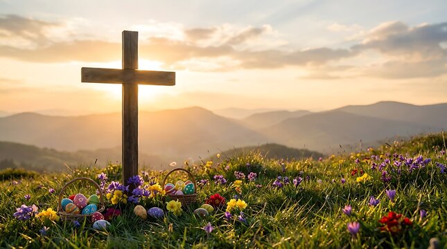 Christian cross on hill with blooming flowers during sunset representing faith hope and peaceful spiritual landscape
