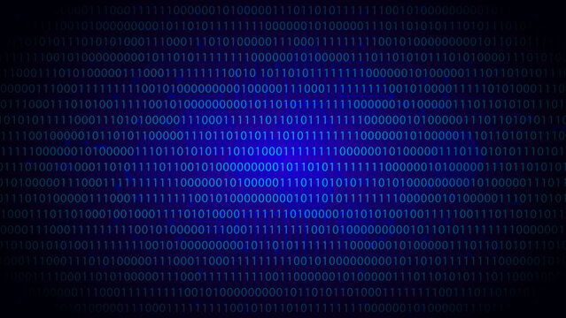Dark blue binary code background with illuminated central data stream, representing digital security and information flow