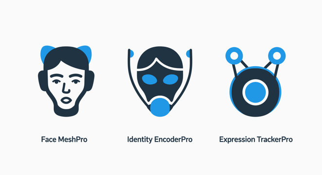 Face mesh and identity encoder facial expression tracking software icons for biometric security