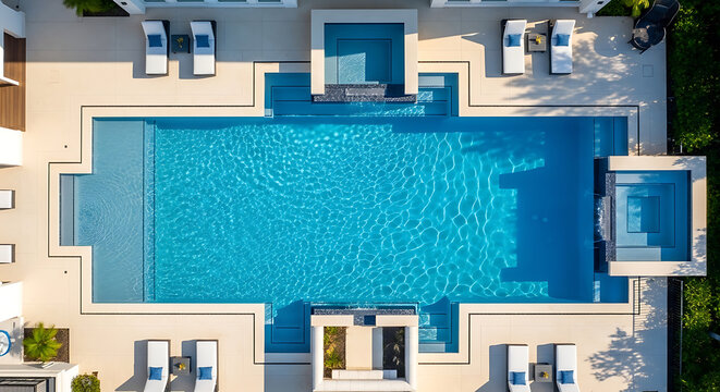 Overhead View of Modern Resort Swimming Pool with Lounge Chairs
