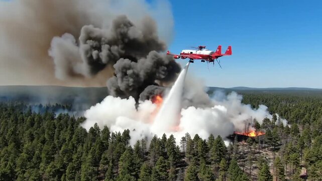 Aerial view of a water-bombing airplane fighting a forest wildfire with thick dark smoke and flames