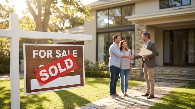 Happy couple buying new house with real estate agent and sold sign in front yard