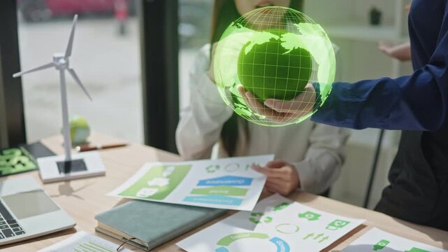 Sustainable development meeting urban office esg cgi presentation collaborative environment close-up view green innovation strategies