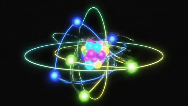Abstract Glowing Atomic Structure with Nucleus and Orbiting Electrons on Black Background