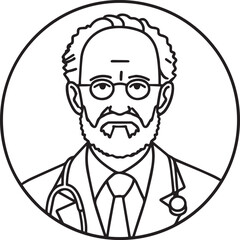 Obraz premium Hand Drawn Elderly Male Doctor Black and White Illustration in Minimal Line Art Style Design