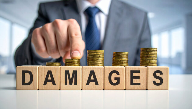 Damages - Geschäftsmann zeigt auf das Wort "Damages"
